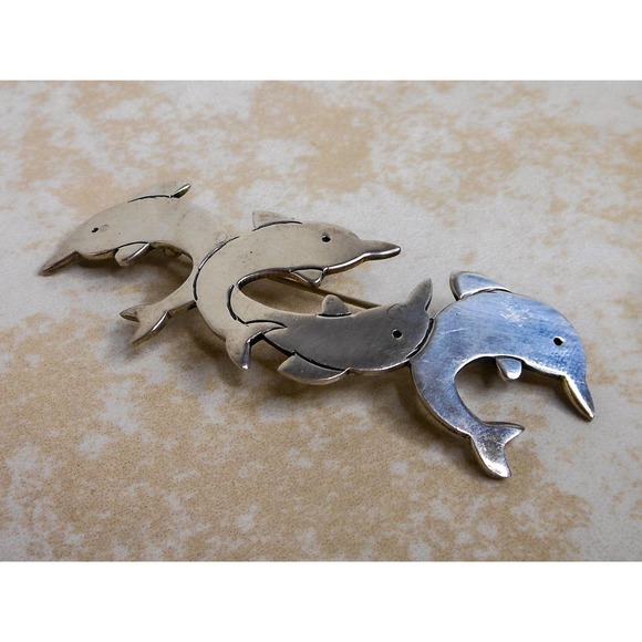 Vintage Mexico Sterling Silver Dolphins Brooch Pin 14 Grams - Picture 4 of 8